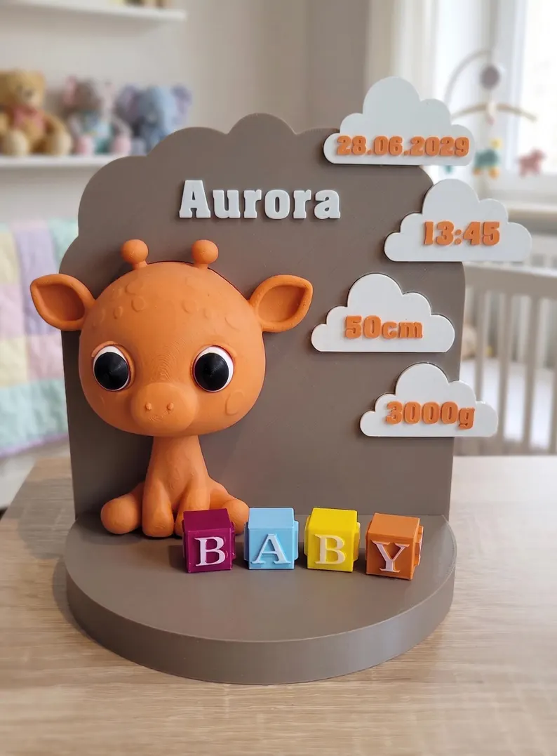 Placa de bienvenida bebe jirafa impresa en 3D Tacna Peru
